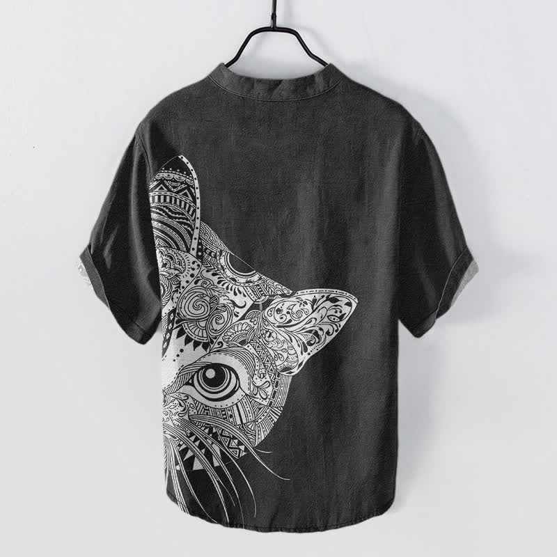 Buddha Stones Chemise à manches courtes et demi-boutonnée pour homme, en coton à motif tribal de tête de chat - image 1