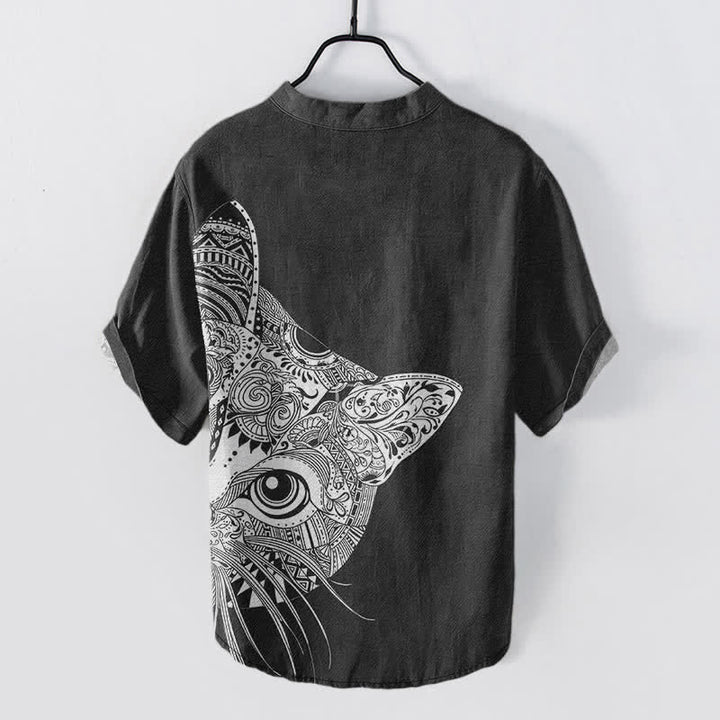 Buddha Stones Chemise à manches courtes et demi-boutonnée pour homme, en coton à motif tribal de tête de chat - image 1