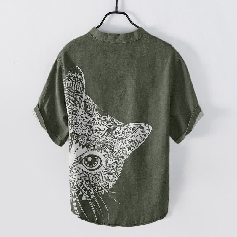 Buddha Stones Chemise à manches courtes et demi-boutonnée pour homme, en coton à motif tribal de tête de chat - image 6