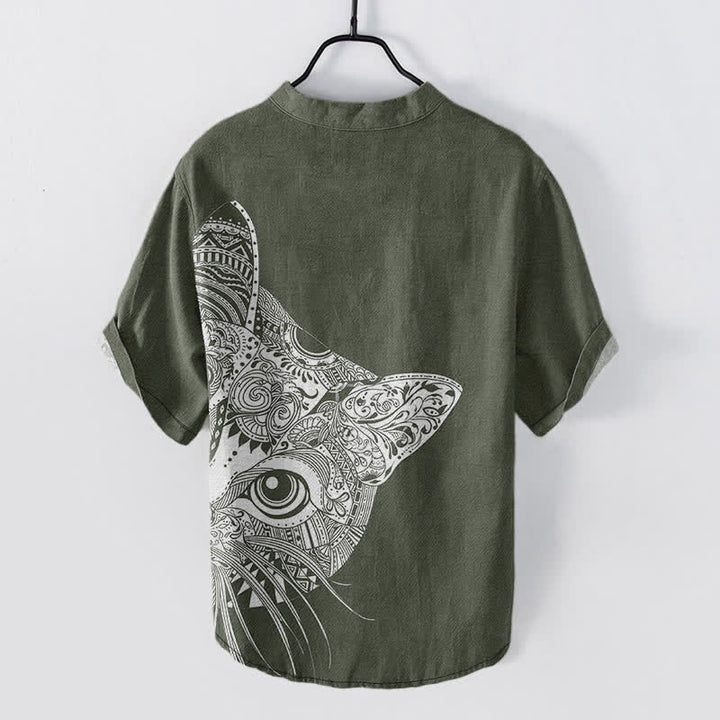 Buddha Stones Chemise à manches courtes et demi-boutonnée pour homme, en coton à motif tribal de tête de chat - image 6