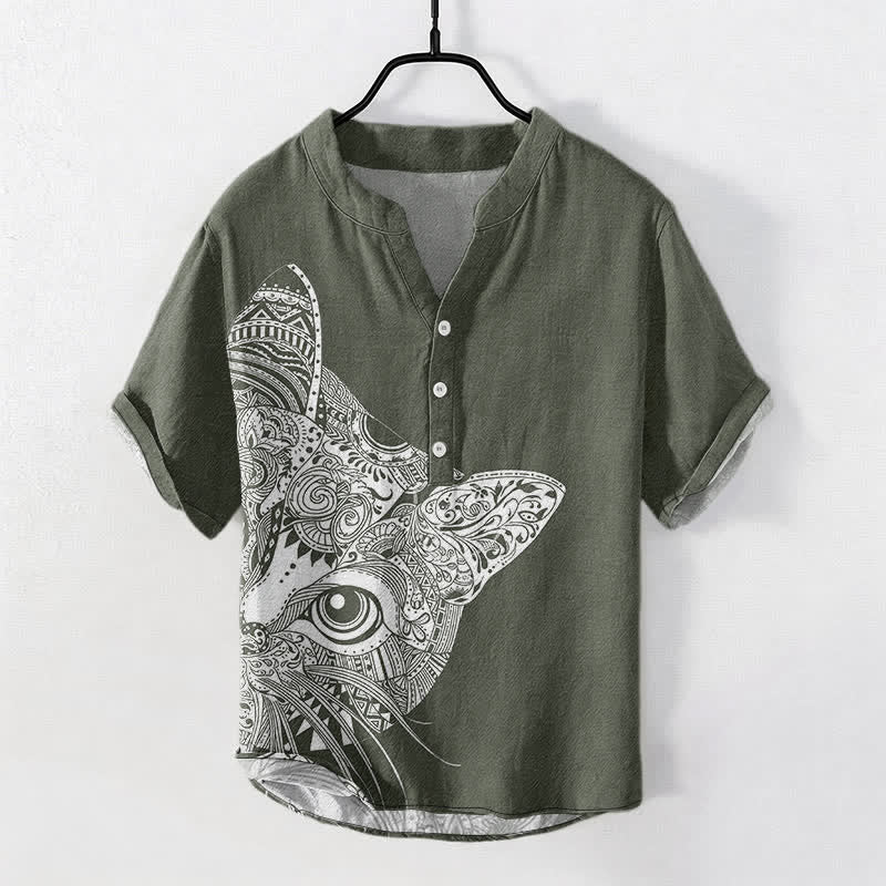 Buddha Stones Chemise à manches courtes et demi-boutonnée pour homme, en coton à motif tribal de tête de chat - Vert olive foncé - US/UK/AU50，EU60 (5XL) - image 5