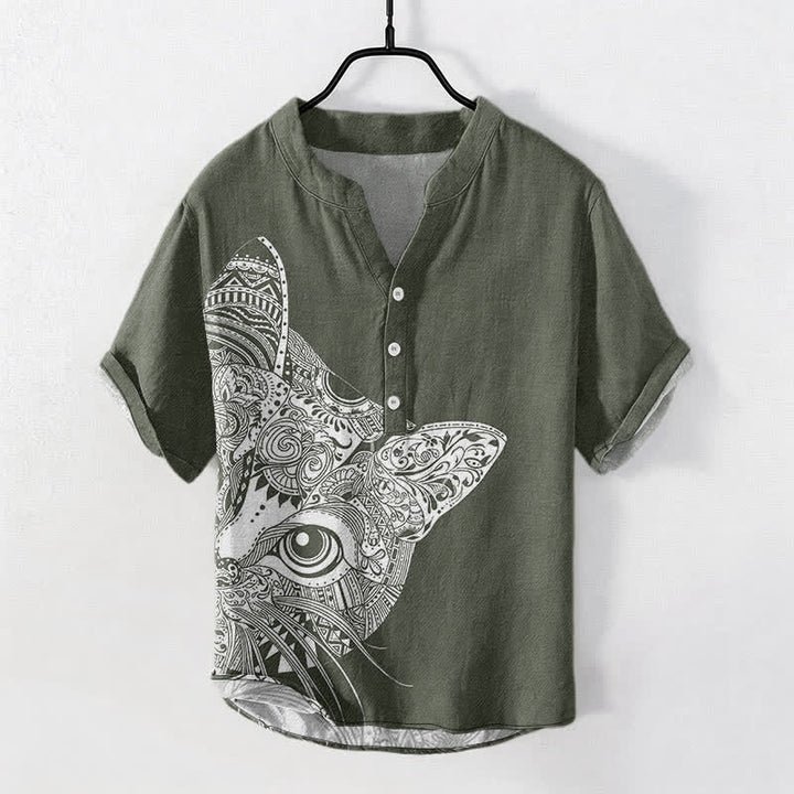 Buddha Stones Chemise à manches courtes et demi-boutonnée pour homme, en coton à motif tribal de tête de chat - Vert olive foncé - US/UK/AU50，EU60 (5XL) - image 5
