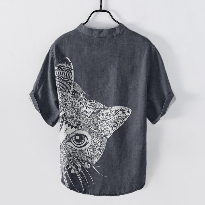 Buddha Stones Chemise à manches courtes et demi-boutonnée pour homme, en coton à motif tribal de tête de chat - image 8