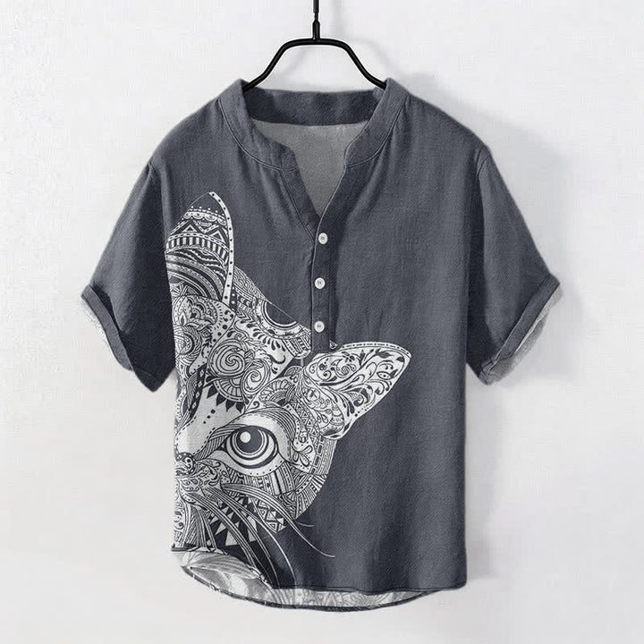 Buddha Stones Chemise à manches courtes et demi-boutonnée pour homme, en coton à motif tribal de tête de chat - Gris ardoise - US/UK/AU50，EU60 (5XL) - image 7