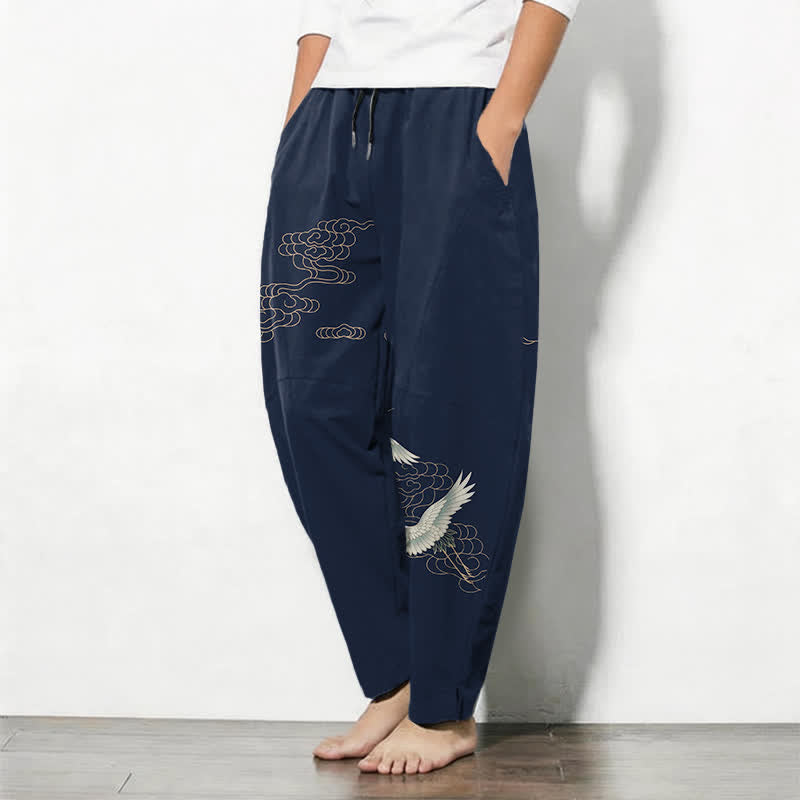 Buddha Stones Pantalon fuselé pour homme en pur coton, motif grues et nuages, cordon de serrage et poches - image 1