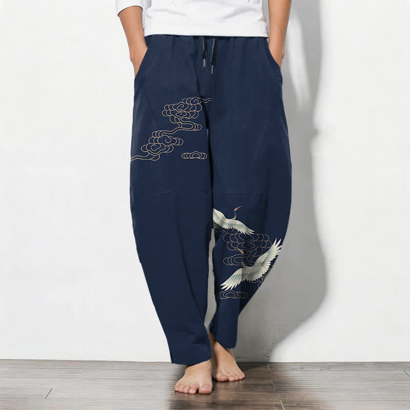 Buddha Stones Pantalon fuselé pour homme en pur coton, motif grues et nuages, cordon de serrage et poches - Marine - US/UK/AU50，EU60 (5XL) - image 0