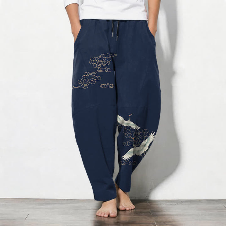 Buddha Stones Pantalon fuselé pour homme en pur coton, motif grues et nuages, cordon de serrage et poches - Marine - US/UK/AU50，EU60 (5XL) - image 0