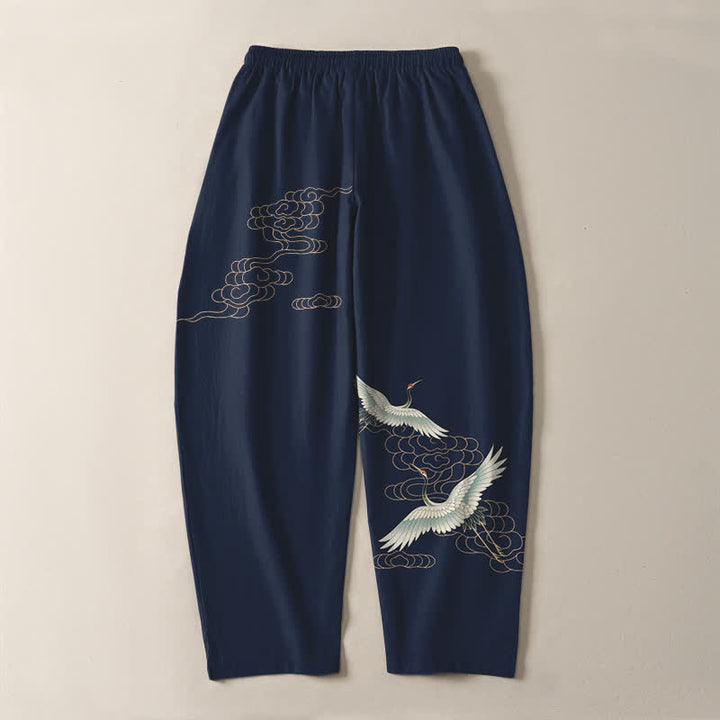 Buddha Stones Pantalon fuselé pour homme en pur coton, motif grues et nuages, cordon de serrage et poches - image 3