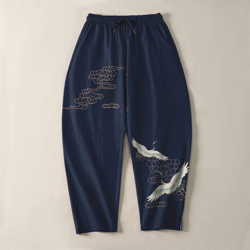 Buddha Stones Pantalon fuselé pour homme en pur coton, motif grues et nuages, cordon de serrage et poches - image 2