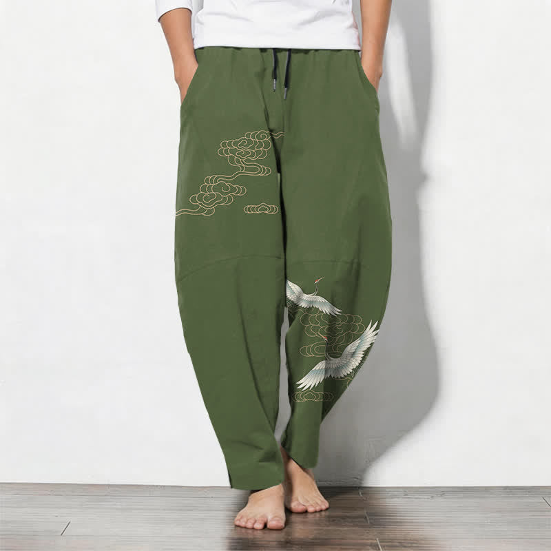 Buddha Stones Pantalon fuselé pour homme en pur coton, motif grues et nuages, cordon de serrage et poches - Vert olive - US/UK/AU50，EU60 (5XL) - image 7