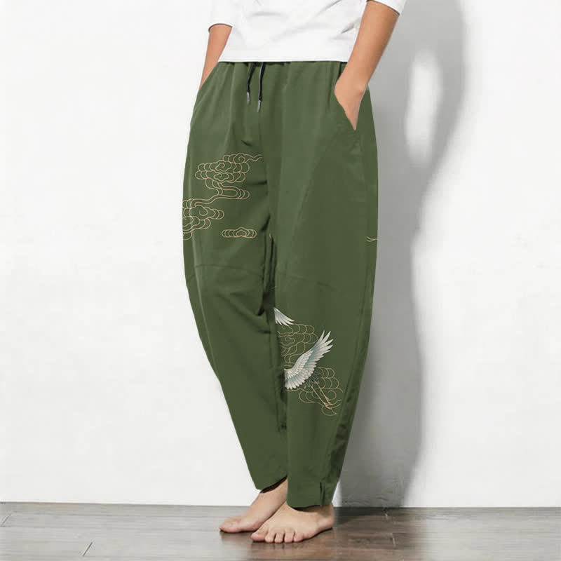 Buddha Stones Pantalon fuselé pour homme en pur coton, motif grues et nuages, cordon de serrage et poches - image 8