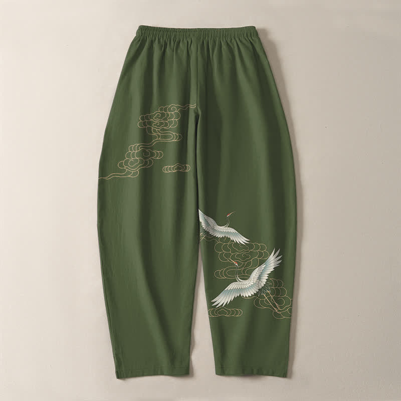Buddha Stones Pantalon fuselé pour homme en pur coton, motif grues et nuages, cordon de serrage et poches - image 10