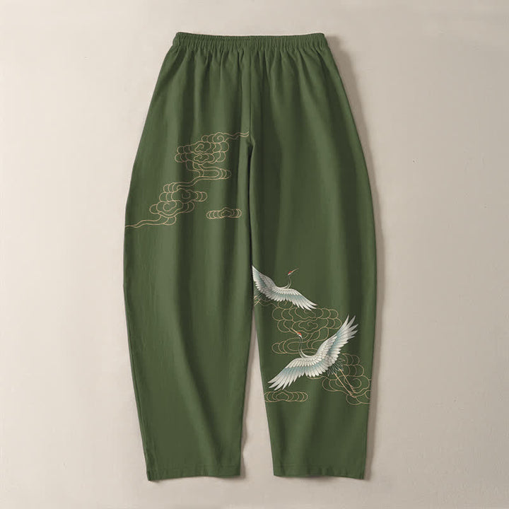 Buddha Stones Pantalon fuselé pour homme en pur coton, motif grues et nuages, cordon de serrage et poches - image 10