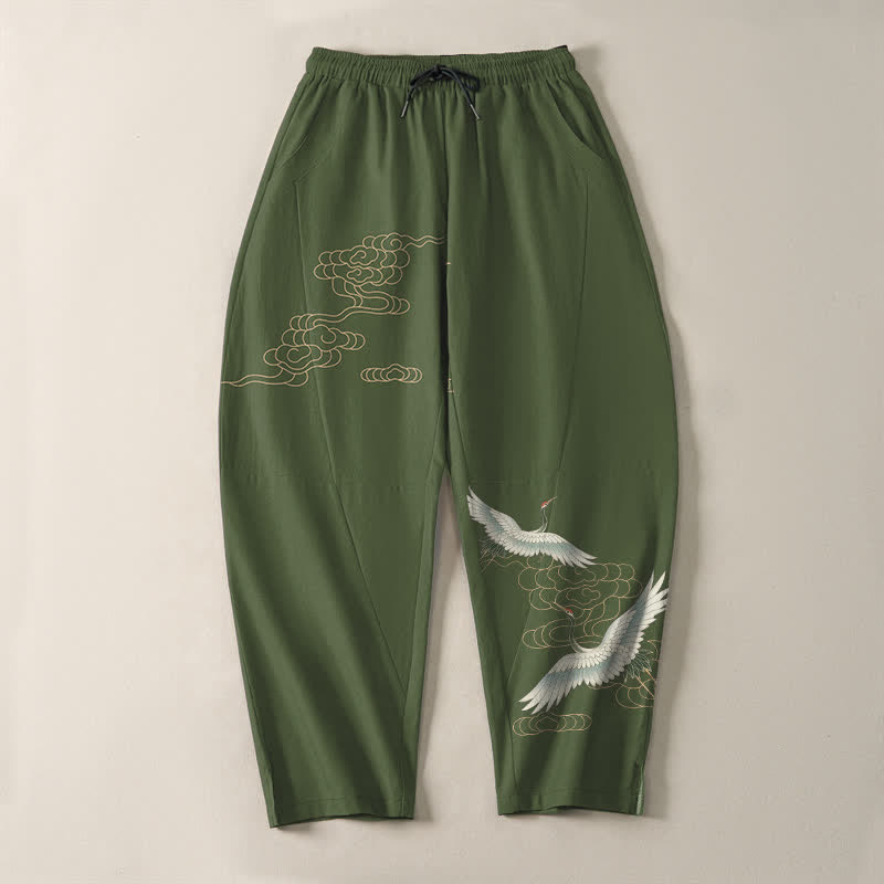 Buddha Stones Pantalon fuselé pour homme en pur coton, motif grues et nuages, cordon de serrage et poches - image 9