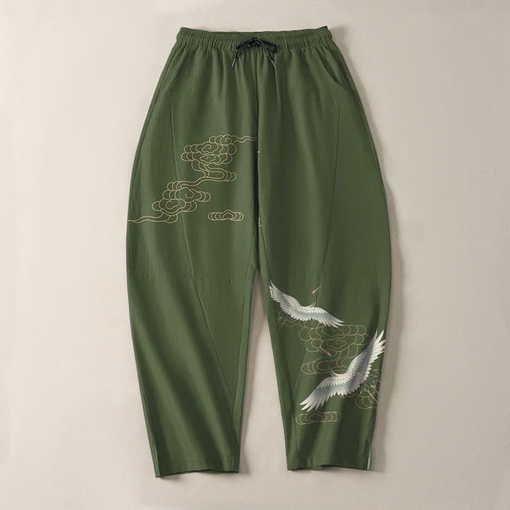 Buddha Stones Pantalon fuselé pour homme en pur coton, motif grues et nuages, cordon de serrage et poches - image 9