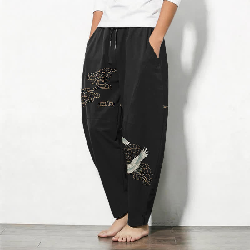 Buddha Stones Pantalon fuselé pour homme en pur coton, motif grues et nuages, cordon de serrage et poches - image 12