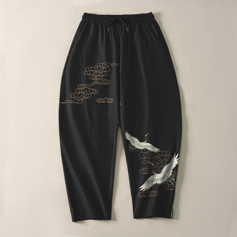 Buddha Stones Pantalon fuselé pour homme en pur coton, motif grues et nuages, cordon de serrage et poches - image 13