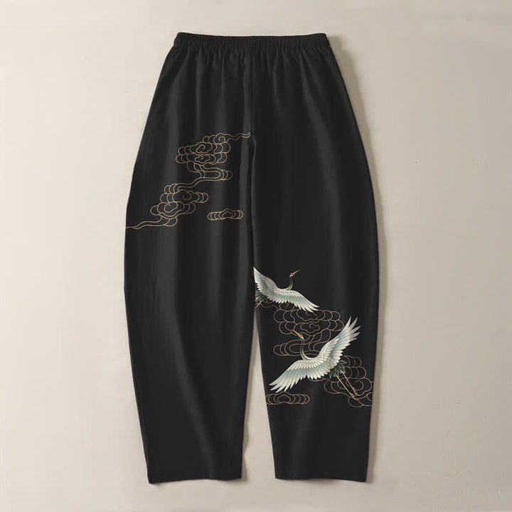 Buddha Stones Pantalon fuselé pour homme en pur coton, motif grues et nuages, cordon de serrage et poches - image 14