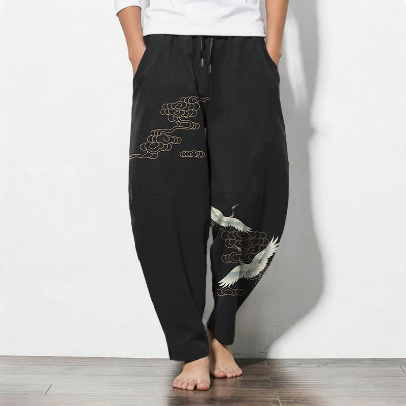 Buddha Stones Pantalon fuselé pour homme en pur coton, motif grues et nuages, cordon de serrage et poches - Noir - US/UK/AU50，EU60 (5XL) - image 11