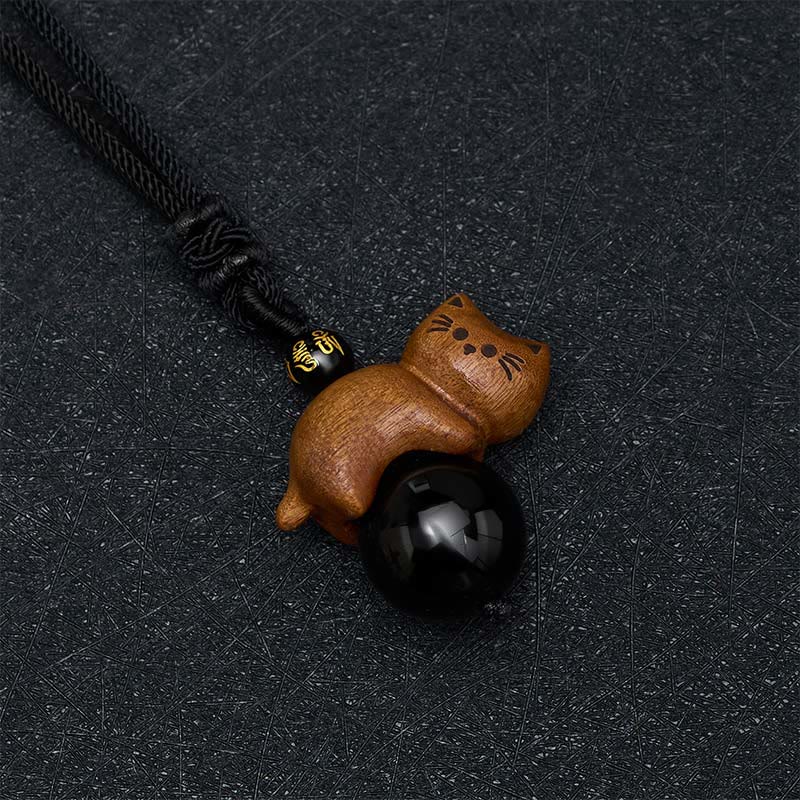 Buddha Stones Collier de protection en corde avec perle Om Mani Padme Hum et perle en obsidienne noire et bois de santal, orné d'un chat et d'une perle Om Mani Padme Hum. - image 3