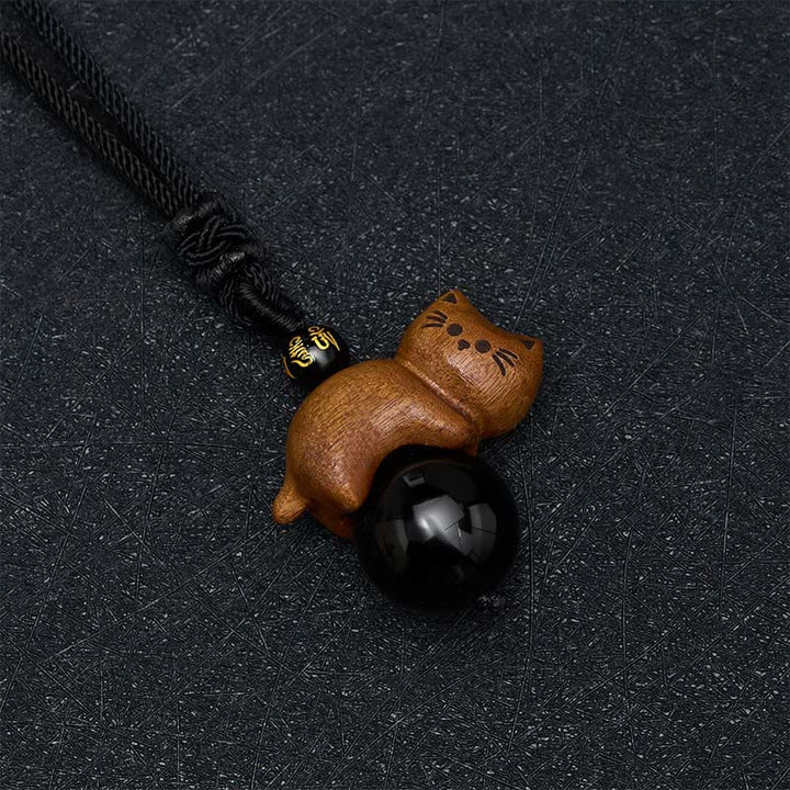 Buddha Stones Collier de protection en corde avec perle Om Mani Padme Hum et perle en obsidienne noire et bois de santal, orné d'un chat et d'une perle Om Mani Padme Hum. - image 3