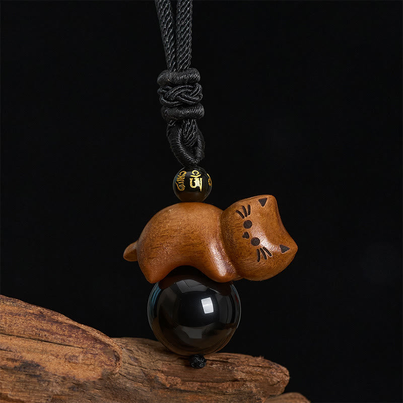 Buddha Stones Collier de protection en corde avec perle Om Mani Padme Hum et perle en obsidienne noire et bois de santal, orné d'un chat et d'une perle Om Mani Padme Hum. - image 2