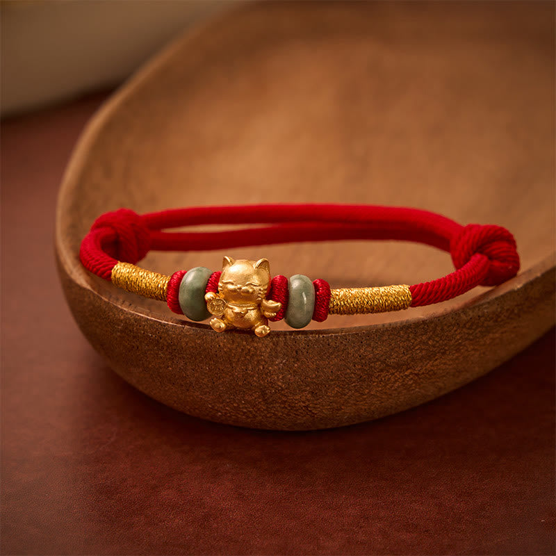 Buddha Stones Bracelet de perles chat porte-bonheur en fil rouge tissé à la main - image 3