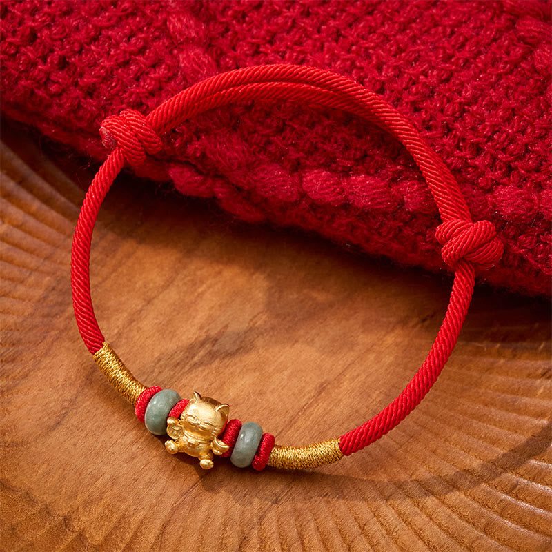 Bracelet de connexion en perles de jade chat porte-bonheur, fil rouge tissé à la main et Buddha Stones - Bracelet Jade et Rouge (Tour de poignet : 16-18 cm) - image 0