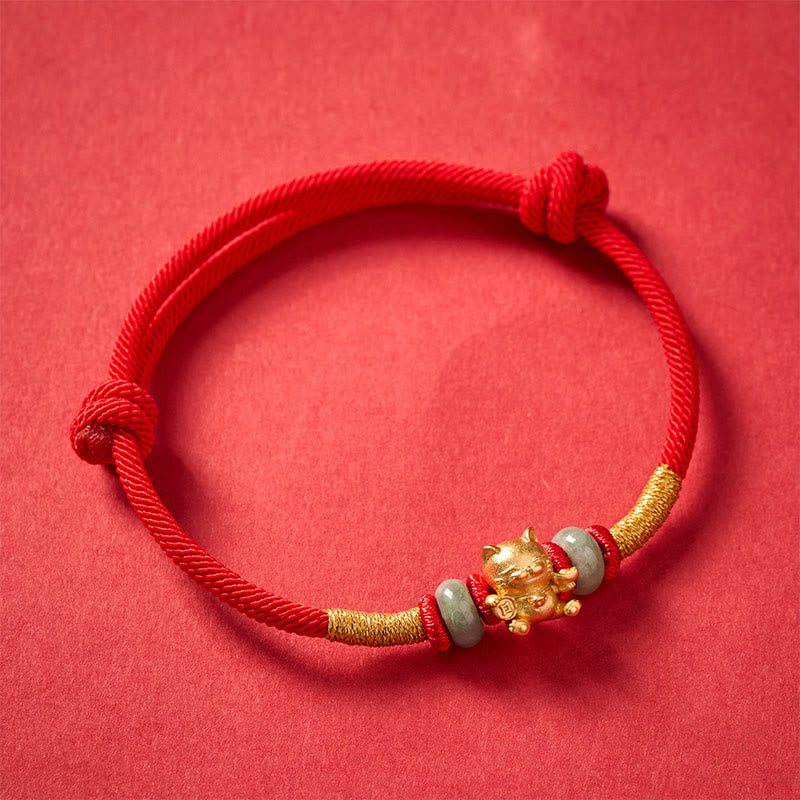 Buddha Stones Bracelet de perles chat porte-bonheur en fil rouge tissé à la main - image 4