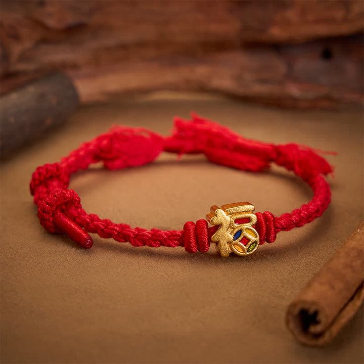 Buddha Stones Bracelet tibétain ajustable à cordon rouge avec caractère Fu - Rouge (Tour de poignet : 14 à 17 cm) - image 0