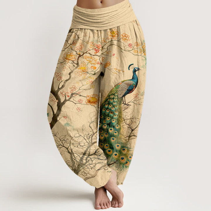 Buddha Stones Pantalon harem à taille élastique pour femme, motif floral paon en coton - Blé - US16，UK/AU20，EU48 (3XL) - image 0