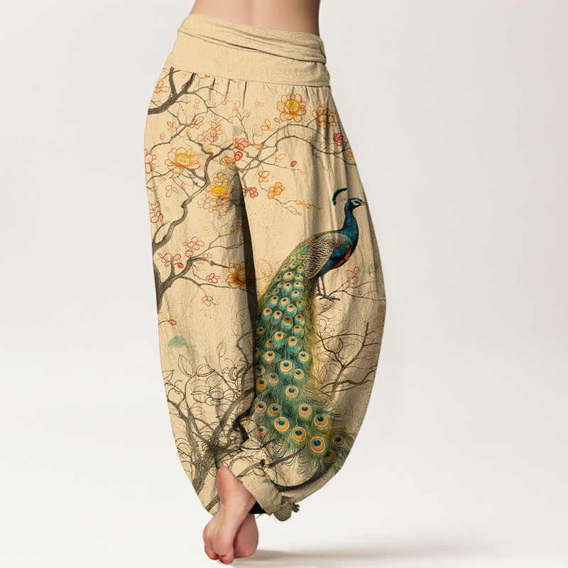 Buddha Stones Pantalon harem à taille élastique pour femme, motif floral paon en coton - image 2