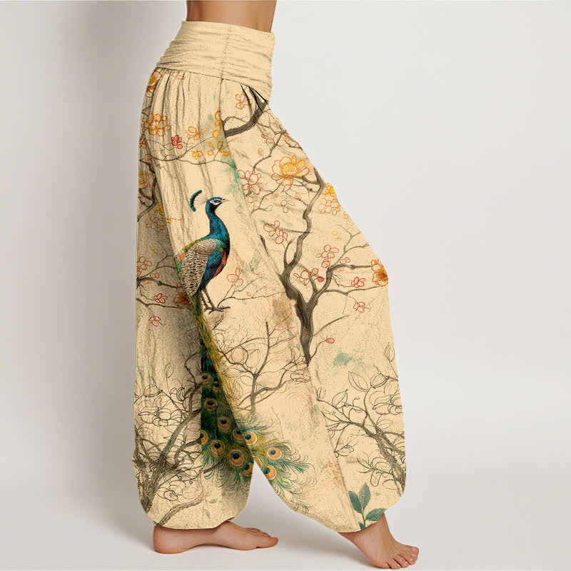 Buddha Stones Pantalon harem à taille élastique pour femme, motif floral paon en coton - image 1