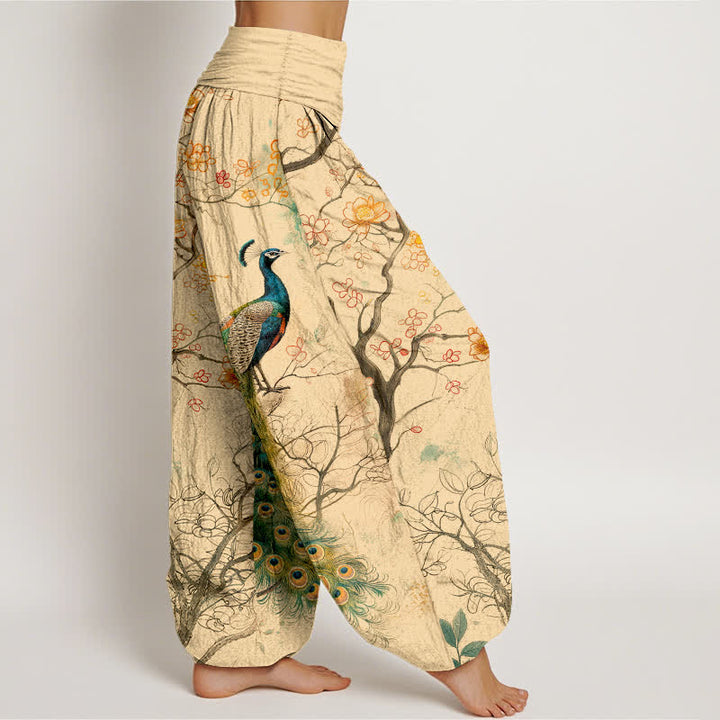 Buddha Stones Pantalon harem à taille élastique pour femme, motif floral paon en coton - image 1
