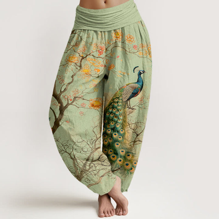 Buddha Stones Pantalon harem à taille élastique pour femme, motif floral paon en coton - Vert clair - US16，UK/AU20，EU48 (3XL) - image 5