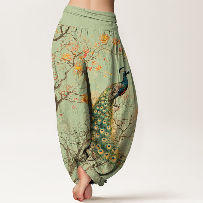 Buddha Stones Pantalon harem à taille élastique pour femme, motif floral paon en coton - image 7