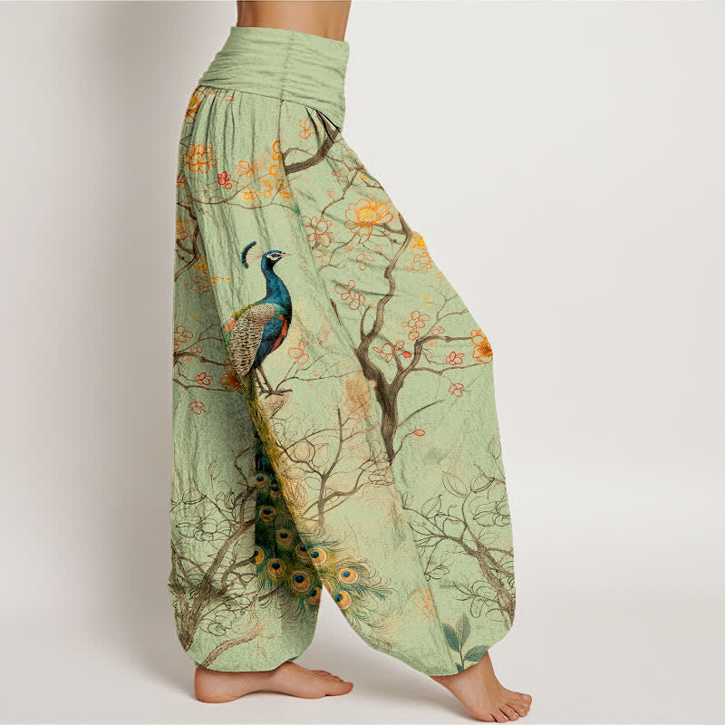 Buddha Stones Pantalon harem à taille élastique pour femme, motif floral paon en coton - image 6