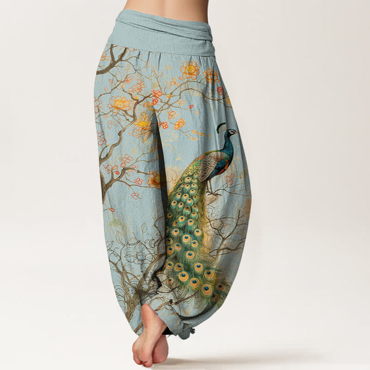 Buddha Stones Pantalon harem à taille élastique pour femme, motif floral paon en coton - image 10