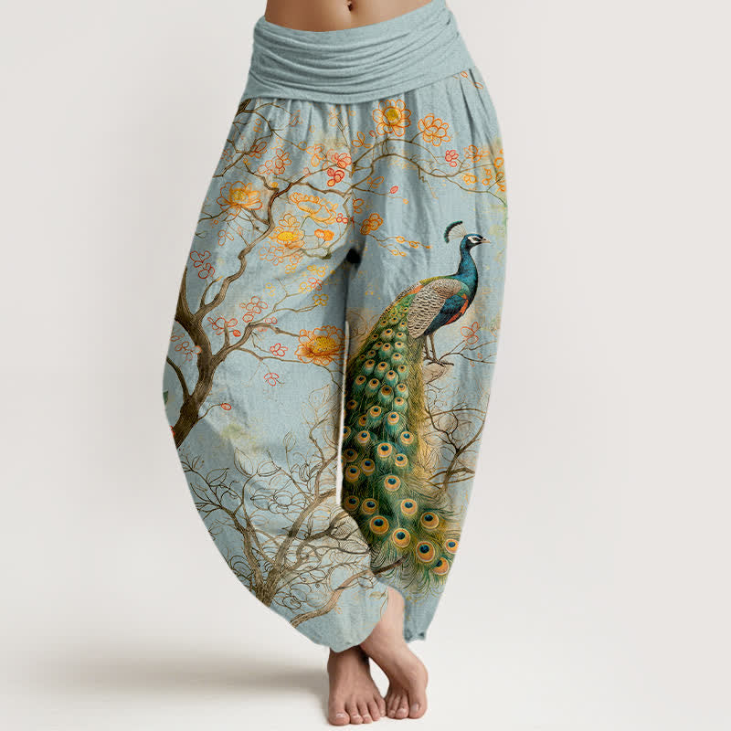 Buddha Stones Pantalon harem à taille élastique pour femme, motif floral paon en coton - Bleu poudré - US16，UK/AU20，EU48 (3XL) - image 8