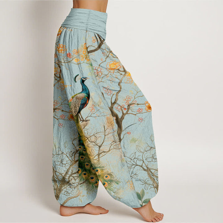 Buddha Stones Pantalon harem à taille élastique pour femme, motif floral paon en coton - image 9