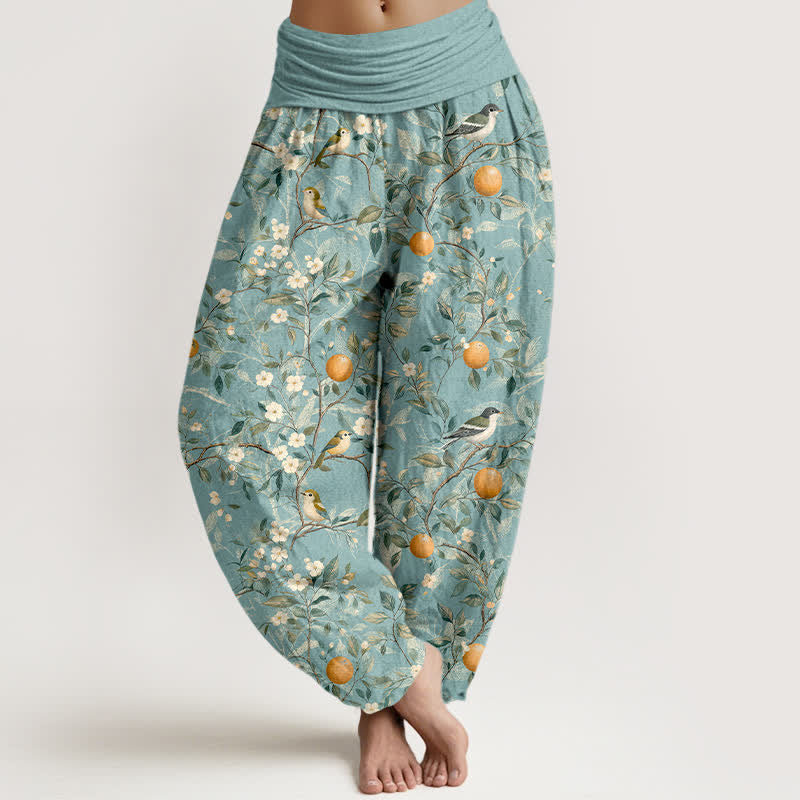 Buddha Stones Pantalon harem à taille élastique pour femme, motif fleurs d'oranger et oiseaux en coton - Bleu ciel - US16，UK/AU20，EU48 (3XL) - image 0