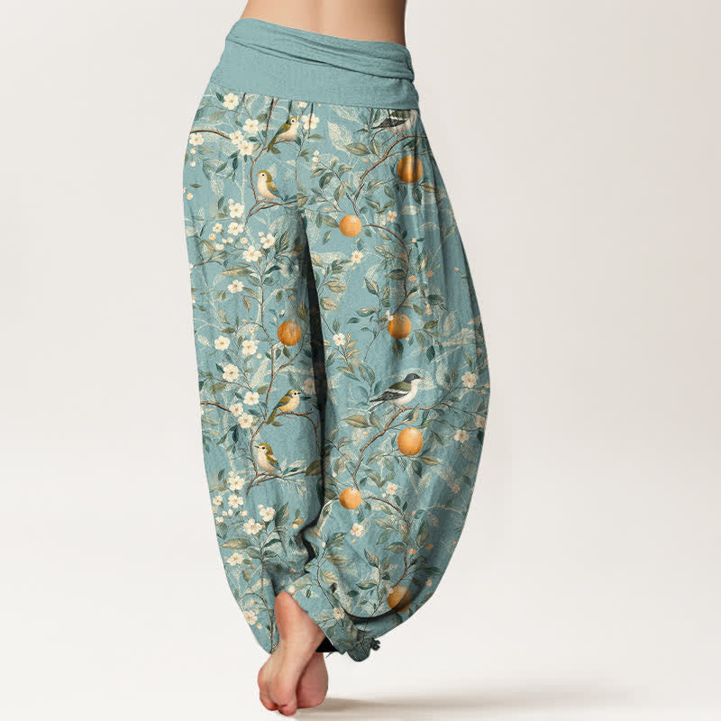Buddha Stones Pantalon harem à taille élastique pour femme, motif fleurs d'oranger et oiseaux en coton - image 1