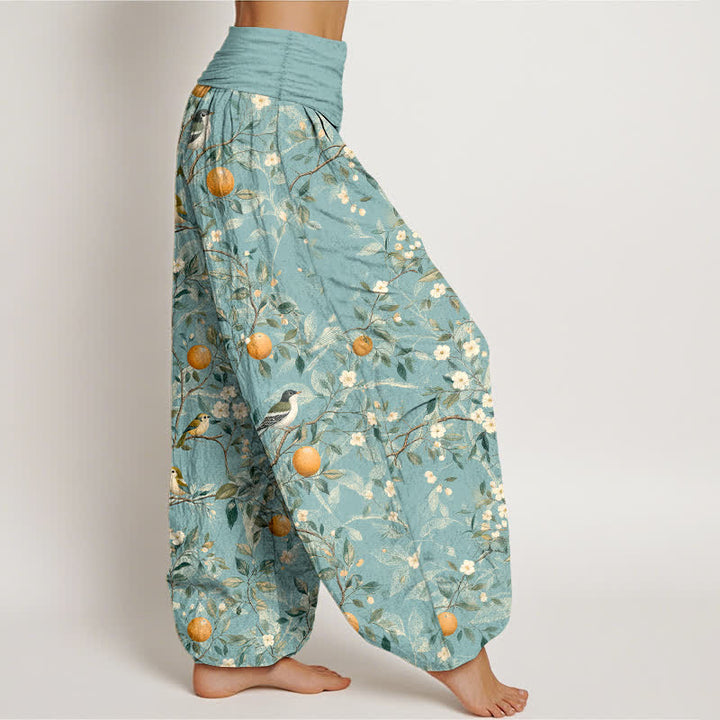 Buddha Stones Pantalon harem à taille élastique pour femme, motif fleurs d'oranger et oiseaux en coton - image 2