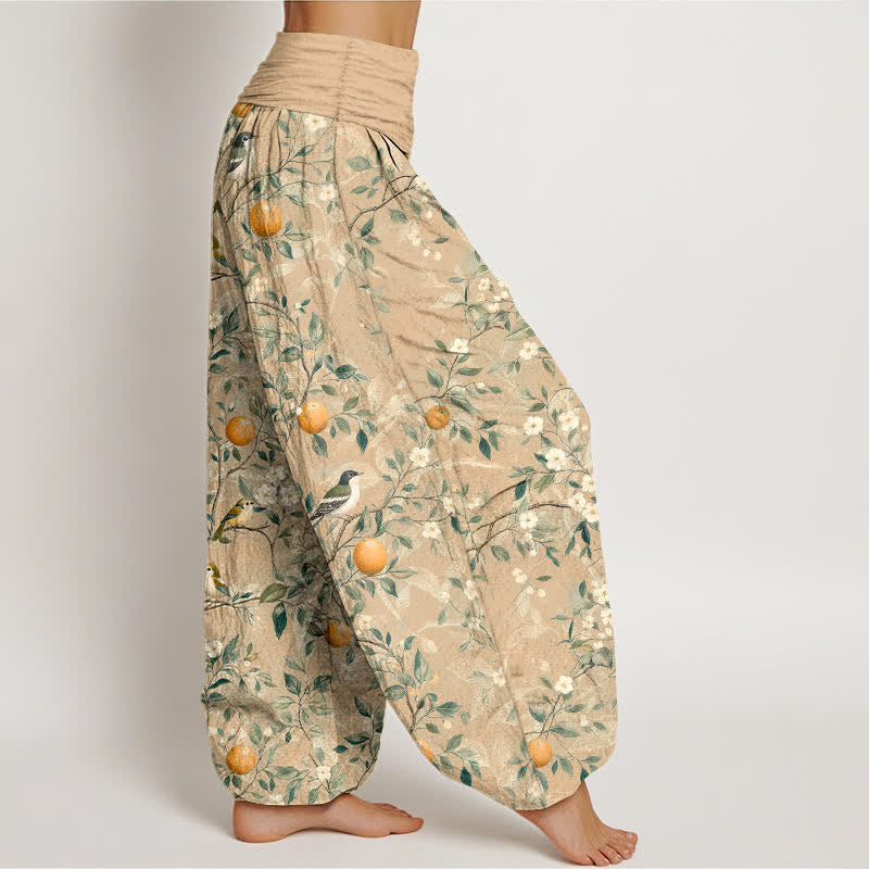 Buddha Stones Pantalon harem à taille élastique pour femme, motif fleurs d'oranger et oiseaux en coton - image 7
