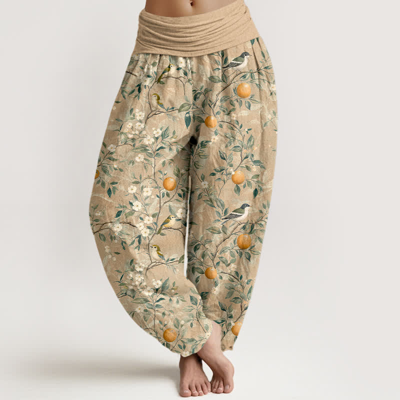 Buddha Stones Pantalon harem à taille élastique pour femme, motif fleurs d'oranger et oiseaux en coton - Tanné - US16，UK/AU20，EU48 (3XL) - image 5