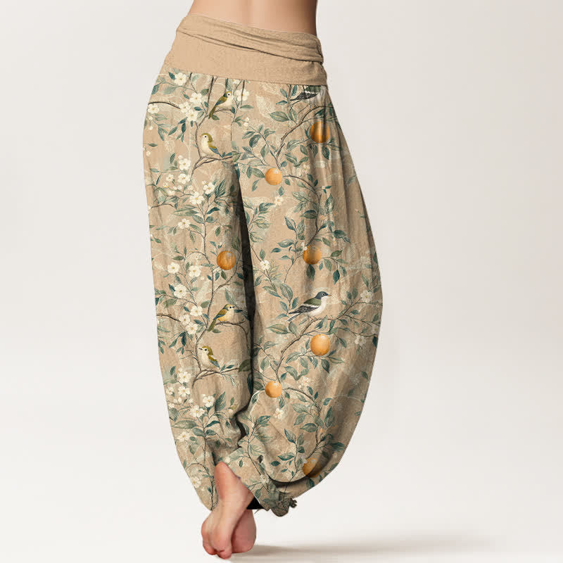 Buddha Stones Pantalon harem à taille élastique pour femme, motif fleurs d'oranger et oiseaux en coton - image 6