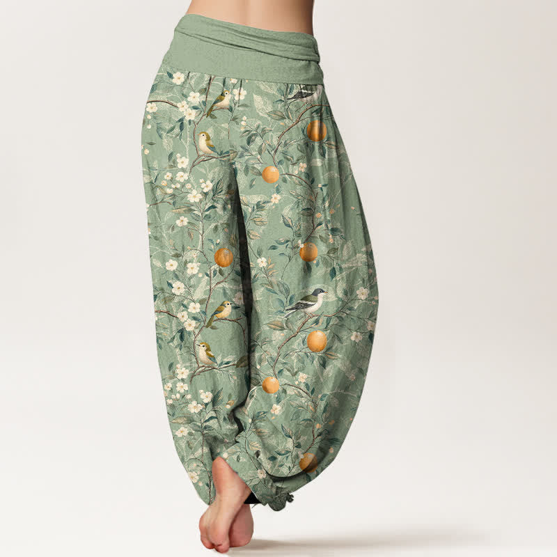 Buddha Stones Pantalon harem à taille élastique pour femme, motif fleurs d'oranger et oiseaux en coton - image 9