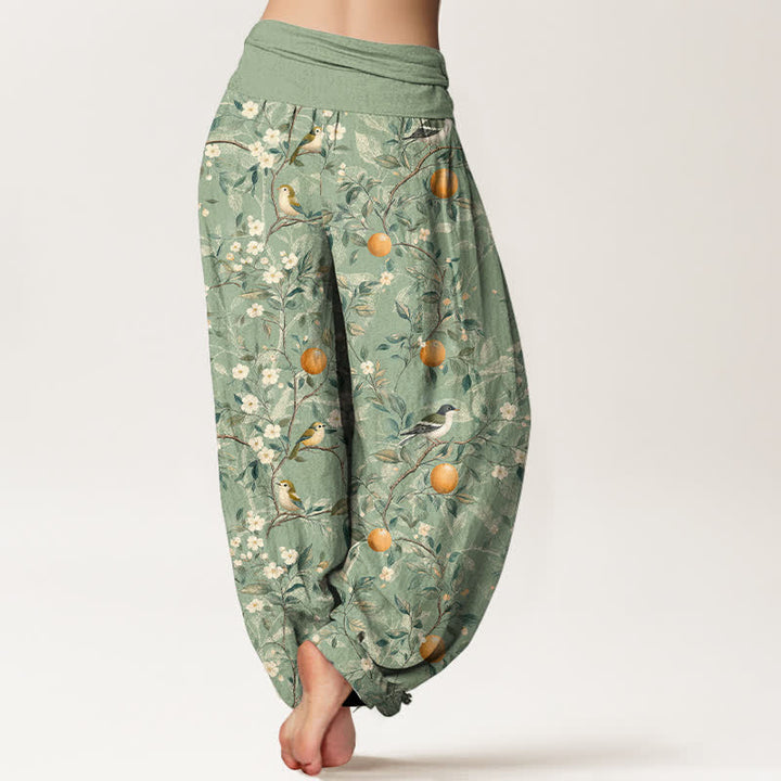 Buddha Stones Pantalon harem à taille élastique pour femme, motif fleurs d'oranger et oiseaux en coton - image 9