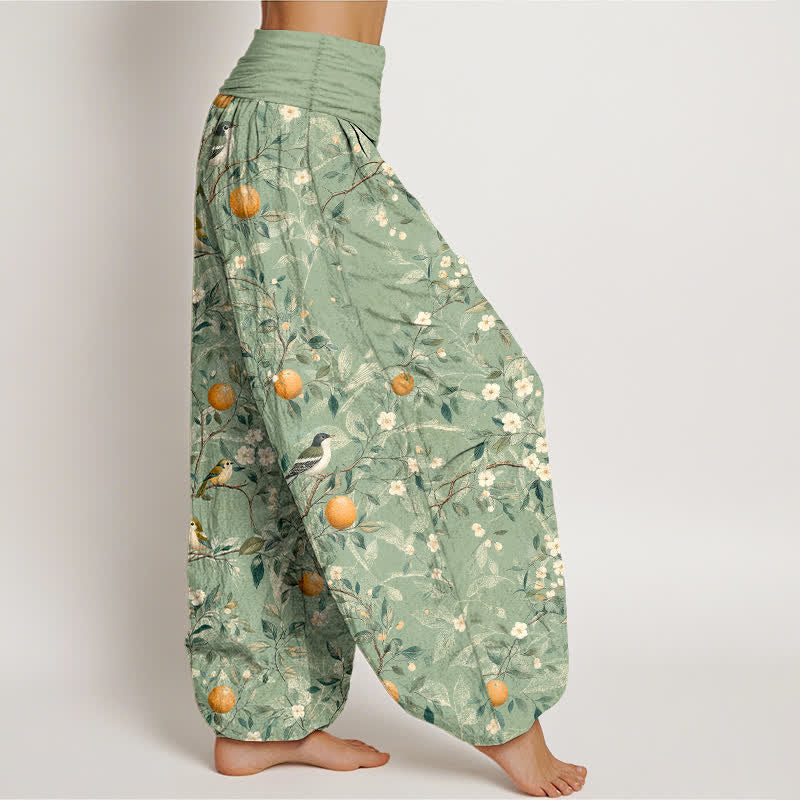 Buddha Stones Pantalon harem à taille élastique pour femme, motif fleurs d'oranger et oiseaux en coton - image 10