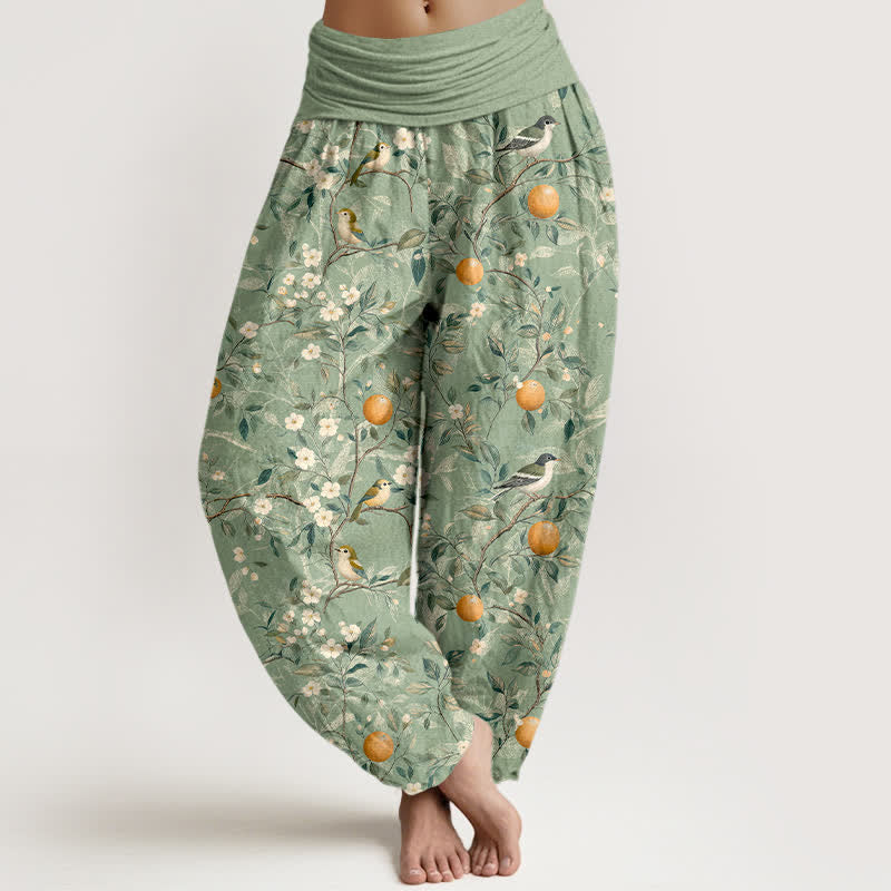 Buddha Stones Pantalon harem à taille élastique pour femme, motif fleurs d'oranger et oiseaux en coton - Vert foncé - US16，UK/AU20，EU48 (3XL) - image 8